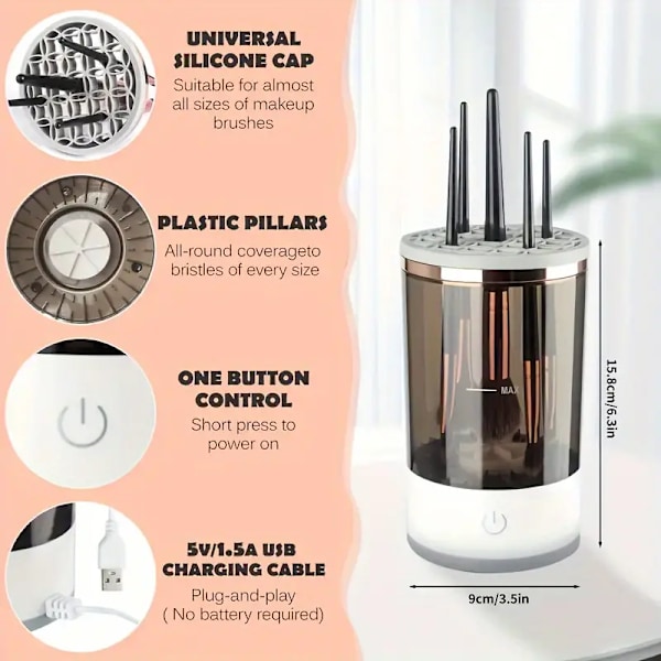 USB-driven Elektrisk Sminkborstrengörare och Torkare - Självroterande design med värmefunktion och transparent cylinder för enkel synlighet
