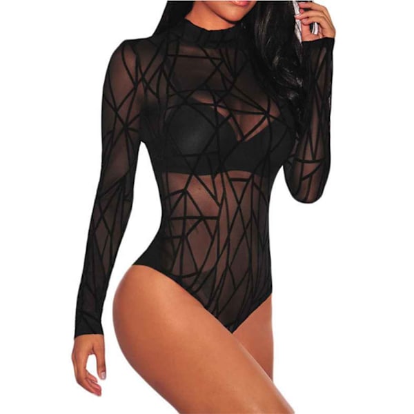 Naisten seksikäs pitkähihainen body, musta pitsi 2XL