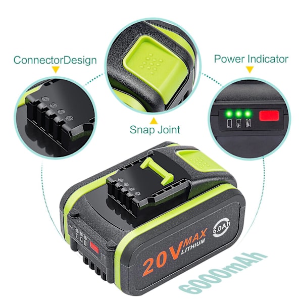 6.0ah Fr Worx 20v Li-ion Batteri WA3551 WG169 WA3516 WX372 Power