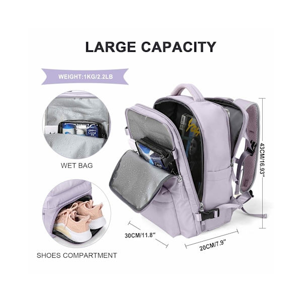 Kabinbag Ryggsekk Reise Ryggsekk Vandring Ryggsekk Passer 14 Tommers Bærbar PC med USB-Ladingspor Skoavdeling, Lilla