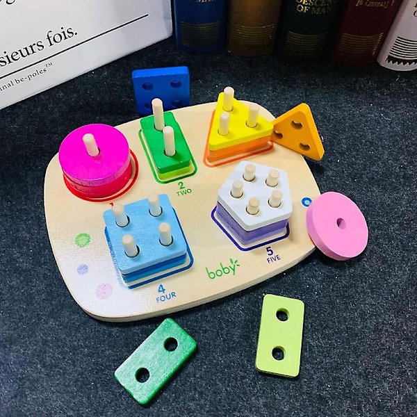 Set Träklossleksak Säker Praktisk Färdighet Matchande Spel Färg Formigenkänning Stapelleksak för Ålder 1-3