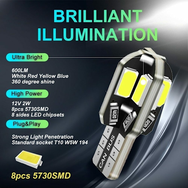 20 st W5W T10 LED-lampa Canbus 5730 8SMD 12V 6000K 194 168 LED Bil Interiör Kartlampa Kupollampa Parkeringsljus Bilsignallampa