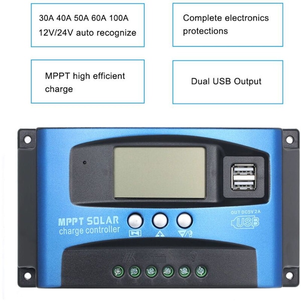 Dobbel USB LCD-skjerm solcellelader 40A MPPT automatisk solcellelådekontroller