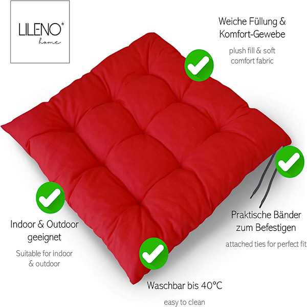 Set med 4 röda sittdynor (40x40x6 cm) - Sittdynor för trädgårdsstolar, köksstolar eller matstolar - Bekväma sittdynor {XW}