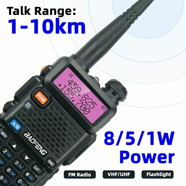 UV-5R 8W Walkie Talkie med 3800mAH batteri, FM-radio, hög effekt Dual Band 128-kanals radiokommunikationstransceiver (2-pack)