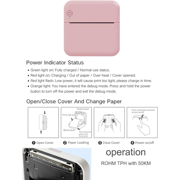 Mini Lomme Termisk Printer, Smartphone Fotoprinter, 203DPI Fotoprint, Understøtter BT-Forbindelse til Smartphone, med 1 Papirrulle 57mm (Pink)