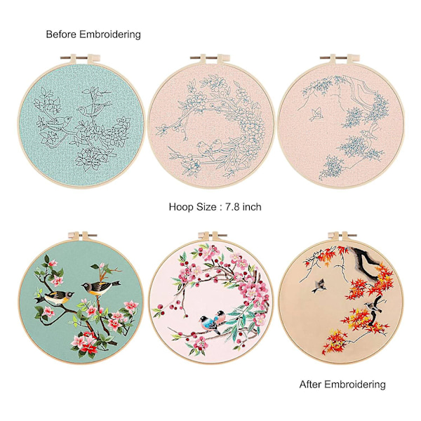 Broderikit för nybörjare, vuxenkit innehåller 3 broderityger med fågelmönster