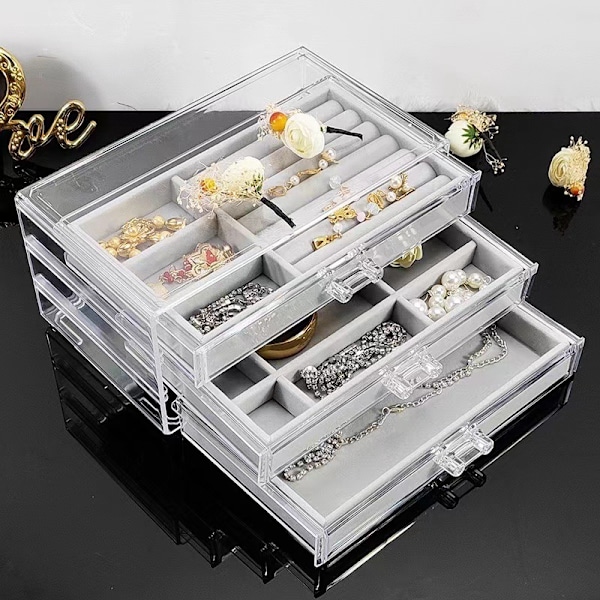 Anti-oxidation smykkeskrin emballageboks high-end følelse stor kapacitet transparent tre-lags skuffe smykkeskrin Beige