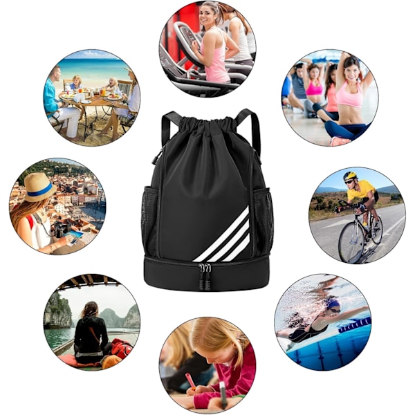 Vattentät dragskoväska för barn och vuxna, stor dragsko gymväska, sport dragsko gymryggsäck, unisex PE-väska med skofack {XW} Black