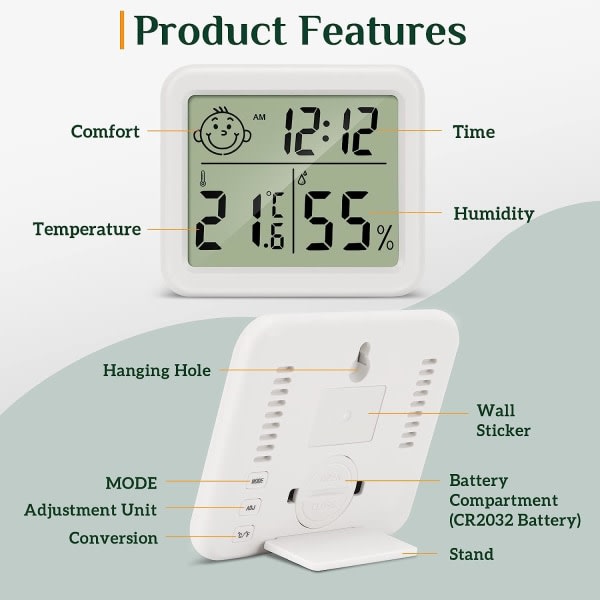 Hjemmetermometer LCD Digital Indendørs Hygrometer Termometer Temperatur Fugtighed til Stue Lager Baby Garderobe