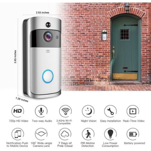 Trådløs WiFi videodørklokkekamera, infrarød nattsyn hjemmeovervåking for iOS og Android (sølv)