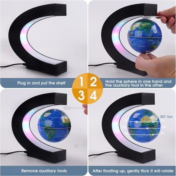 Flytande klot med färgade LED-lampor C-form Antigravitation Magnetisk levitation Roterande världskarta för gåva Hemkontor Skrivbordsdekoration