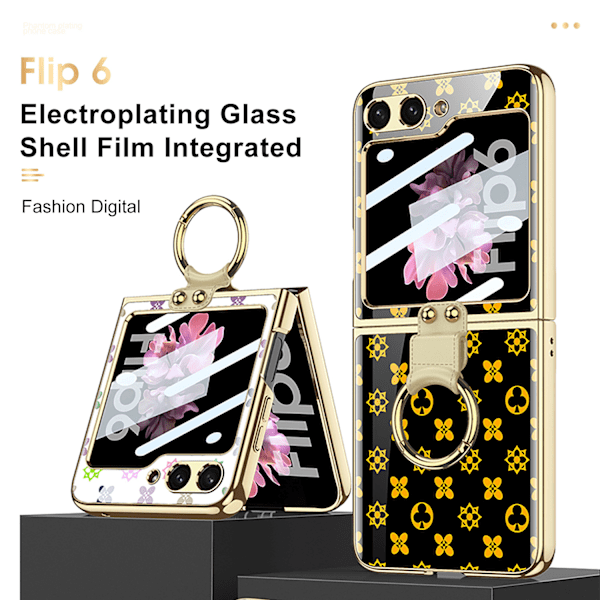 Lämplig för Samsung z flip6 mobiltelefonfodral elektropläterat glas vikbar skärm zflip6 ringfäste 4
