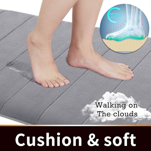 Memory Foam Bademåtte, 24 x 17 tommer, Behagelig, Blød, Superabsorberende, Maskinvaskbar, Skridsikker, Tyk, Hurtigtørrende, Grå