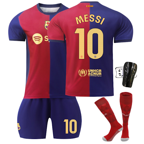 Barcelona Hjemme Drakt Barn Fotball 2024-2025 Hjemme MESSI Nr. 10 - Sokkebeskyttere 28 Nr. 10 - Sokkebeskyttere No. 10 - Sock Guards 28