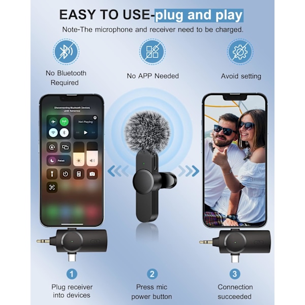 Dubbla trådlösa mikrofoner för iPhone/Android-telefon/kamera/bärbar dator,