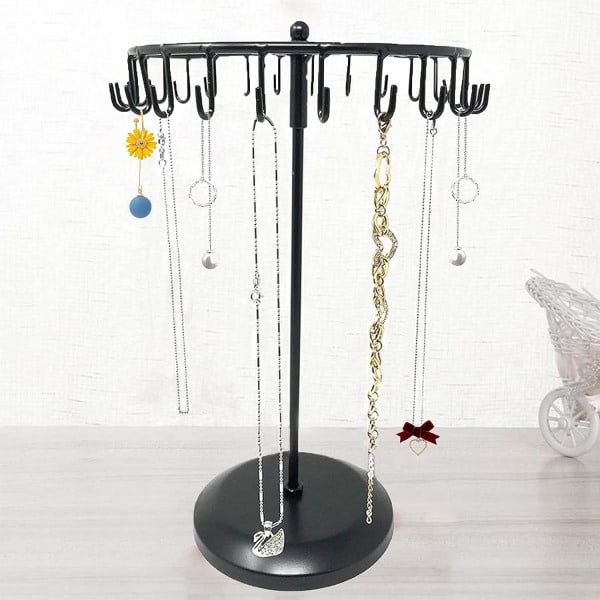 Roterende Halskædeholder Smykke Organizer Display Stativ 14 tommer med 23 Kroge Sort, Kort-Sort, 8,27*5,9*13,8 tommer (HS01)