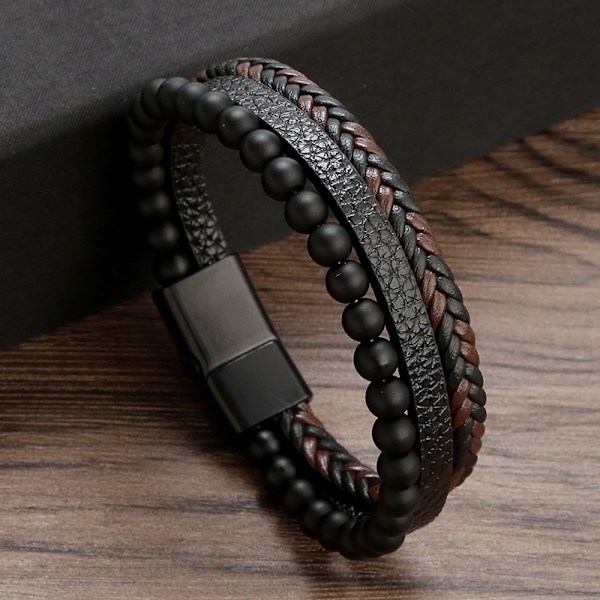 Läderarmband med pärlor för män, Naturliga pärlor, Armband i stål och läder för män Julklapp
