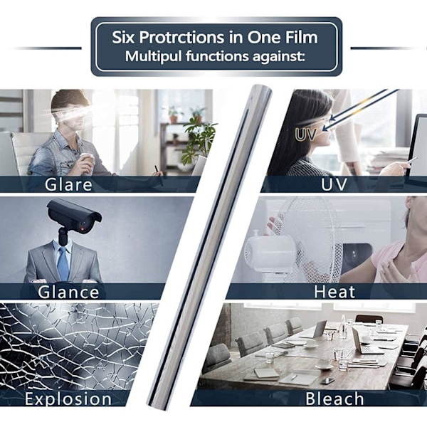 Enkelriktad Spegelfilm Fönsterfilm Spegel 99% Anti-Värme Anti-Ljus Självhäftande Film för Fönster Hemmakontor Butik Integritetsskydd (Silver, 40x200 cm)