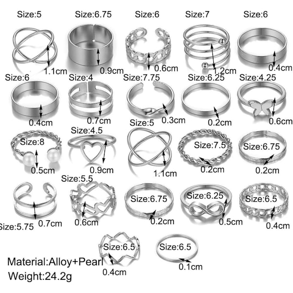 22 Delar Damringar Rostfria Stålringar Stapelbara Knogringar Set för Kvinnor Knog Mellanfingerringar Silver