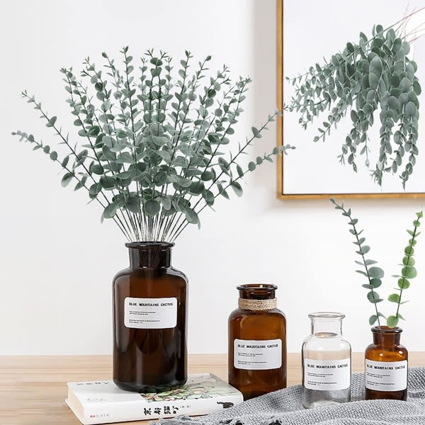 10 st konstgjorda eukalyptusgrenar, plasteukalyptusblad, 38 cm i grågrönt - för blomsterarrangemang, bröllopsfest, heminredning, kontor