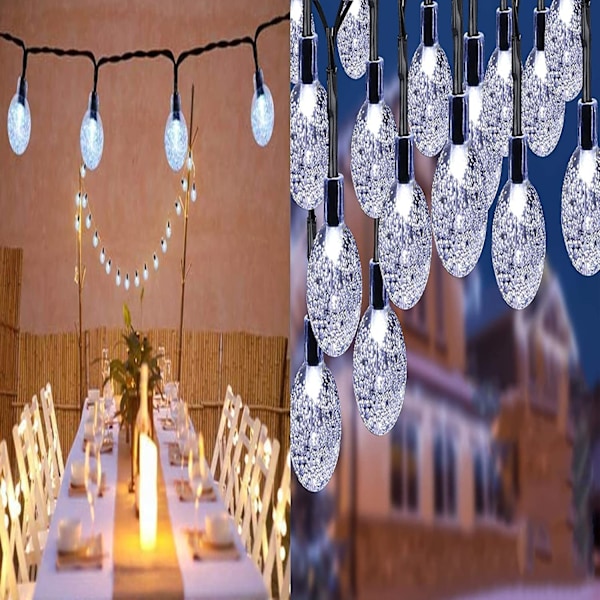 Utendørs solcellelys - 20 LED - 8 moduser - Krystallkuler - Vanntett - Ip65 - For hage, terrasse, tre, gårdsplass, fest, bryllup