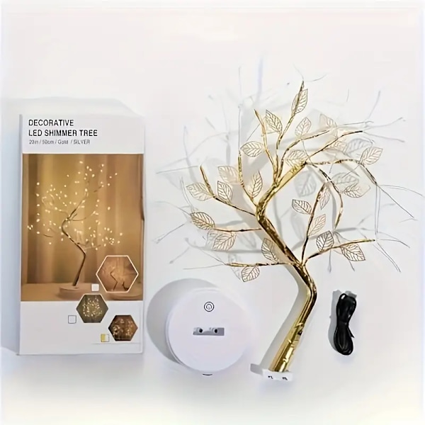 Gylden løvtre lys, berøringsbryter, dobbel USB/AAA batteriboks, LED vakkert og magisk bonsai trelys