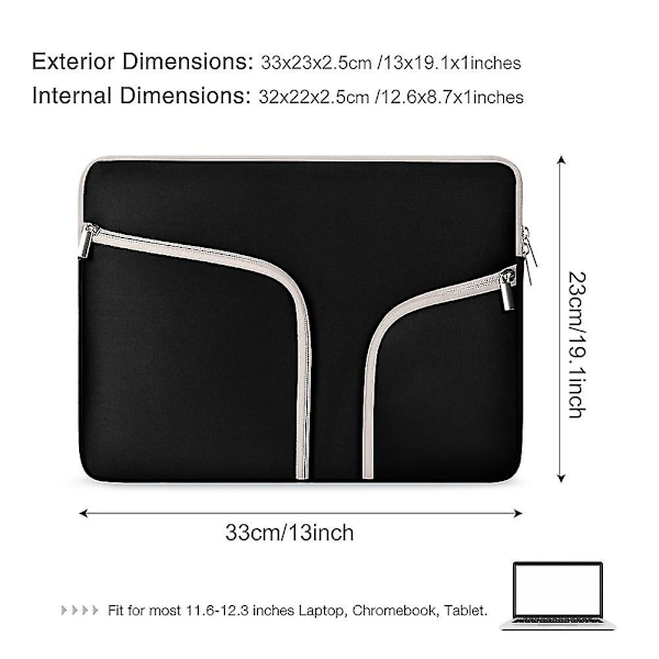 Vattentätt Laptopfodral 13x9,1 Tum med Dragkedjeficka för Macbook Samsung Chromebook Hp Acer Lenovo - Svart