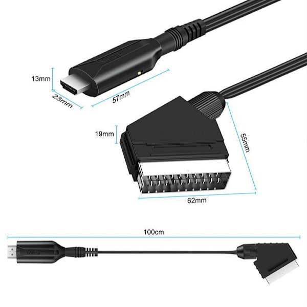 Scart till HDMI-omvandlare, Allt-i-ett Scart till HDMI-adapter, 1080P HD Ljud- och Videokonverterare för HDTV STB VHS Xbox PS3 Sky DVD Blu-Ray 0.1