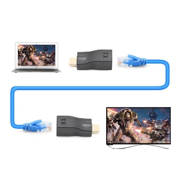 HDMI-forlenger, hdmi til Rj45 1080p Lan-nettverk HDMI-forlengelse opptil 30m over Cat5e/6 Utp Lan Ethernet-kabel (svart)