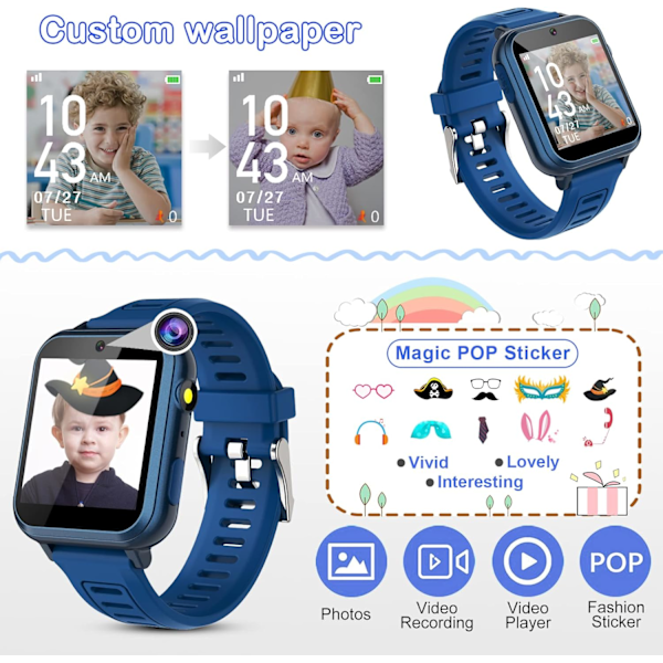 Smartwatch til Børn med 24 Spil, Alarmur, Touchscreen, Kalender, Kamera, Musikspiller, Tidvisning, Video, Legetøj til Drenge i Alderen 3-12 År