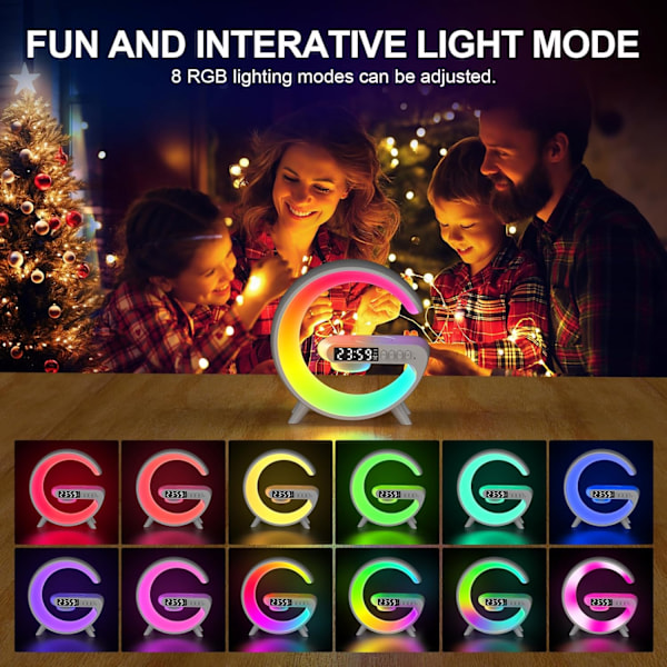 Solnedgångs väckarklocka med Bluetooth-högtalare, trådlös laddare, RGB-färgbyte, stämningsbelysning för sovrum (vit)