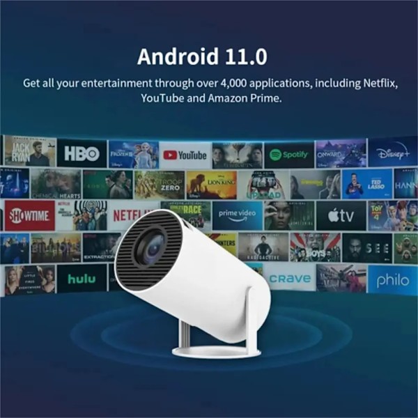 4k HD -projektori HY300 Android 11 Kannettava ulkokäyttöön tarkoitettu kotiteatteriprojektori Dual Wifi6 200 Bt5.0 1080p 1280*720p