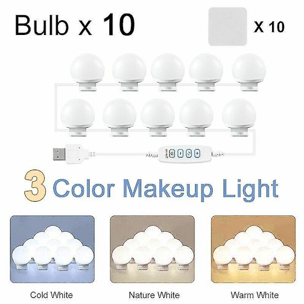 LED-spegel med USB-sminkbelysning (endast lampor), 10 lampor, 3 ljuslägen C