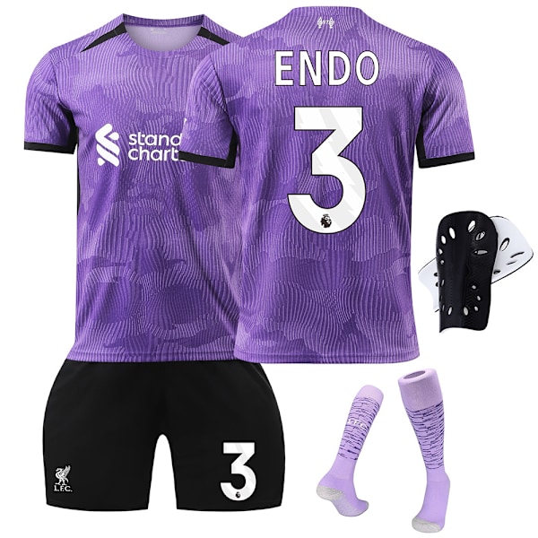 2023-2024 Liverpool 2. udebanesæt til børn med sokker og knæbeskyttere - Nr. 3 ENDO#XL Nr.3 ENDO No.3 ENDO #XL