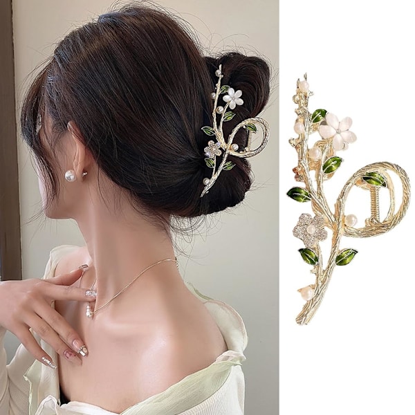 Blomsterhårklämmor för tjockt eller tunt hår, 1 st Grön blad blomma hår hårtillbehör för kvinnor Metall halkfria hår käk klämmor hår dekoration
