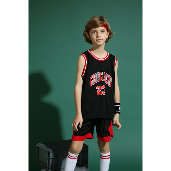 Michael Jordan No.23 Basketbollströja Set Bulls Uniform för Barn Tonåringar Svart Black M (130-140CM)