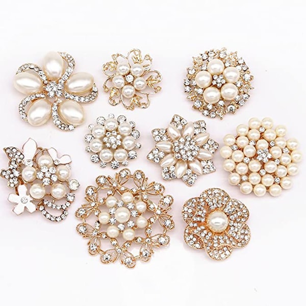 9 stk. rosaguld rhinestone brocher, stor perle krystal bryllup