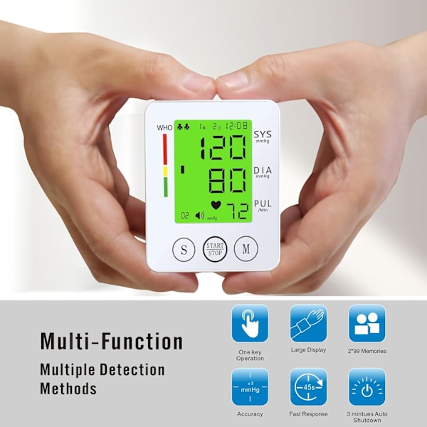 Blodtrykksmåler for håndledd, automatisk mansjett med justerbart armbånd, digital hjemme-BP med stor LCD-skjerm, blodtrykksmåler, lagerbeholdning【HY】 White