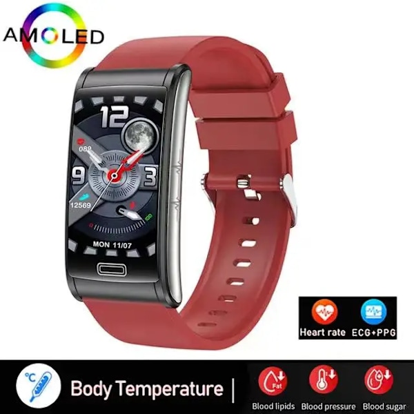 Ny E600 Blodsukker Pulsmåler Blodtryksmåler Sundheds ECG+PPG Smart Watch IP68 Vandtæt Sports Smartwatch Red