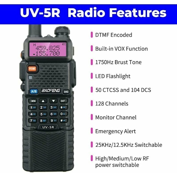 UV-5R 8W Walkie Talkie med 3800mAH batteri, FM-radio, høy effekt dobbeltbånd 128-kanals radiokommunikasjonsmottaker (2-pakning)