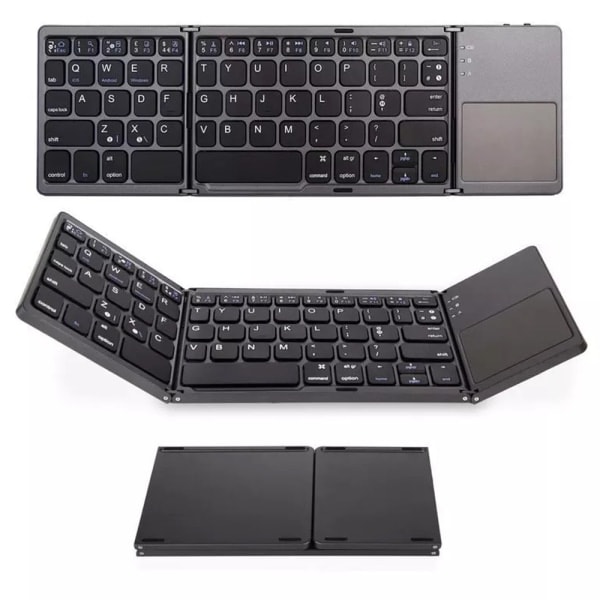 Tri-Fold Bluetooth-tastatur, Bluetooth bærbar mini trådløst tastatur med touchpad-mus - Sort