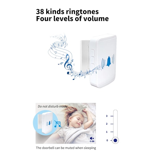 Trådlös dörrklocka, Vattentät trådlös dörrklocka för utomhusbruk, 38 melodier, 150 m räckvidd, för inomhusbruk, trädgård, kontor, villa