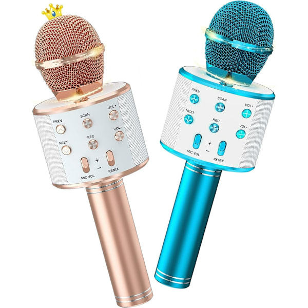 2-pakning Trådløs Bluetooth Karaoke Mikrofon for Barn, 5-i-1 Bærbar Håndholdt Mikrofon Høyttaler Maskin, Leker for Jenter og Gutter Gave (Rosegull & Blå)