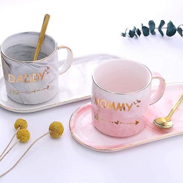 2-pack Mamma och Pappa Muggar 350ml Present till Nya Föräldrar Baby Shower Mors Dag Fars Dag Marmorerad Keramisk Kaffekopp S