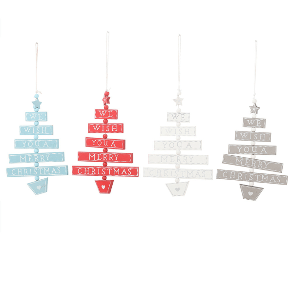 4 stycken hängande juldekoration i trä med en färgglad bokstav