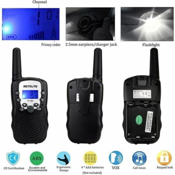 Retevis RT388 Walkie Talkie for Kids, Gjenladbar Langrekkevidde Lekegave for 3-12 År Gamle Gutter, VOX Lommelykt, for Camping,