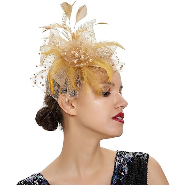 Fascinatorhatt for kvinner, damer, bryllup, teselskap, flapper, pillbox-hatt, Ascot-konkurransehatt, fjærblomst (Khaki) khaki