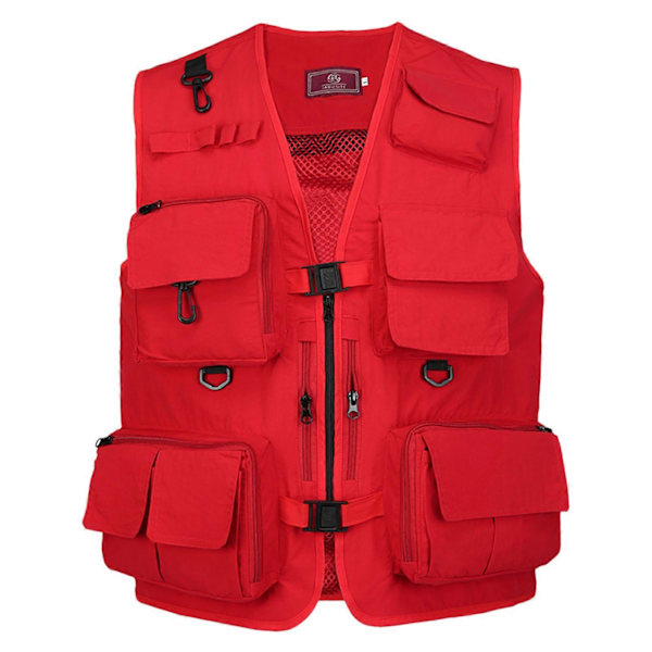 Fiske Fotografi Väst Sommar Multi-Fickor Mesh Jackor Snabbtorkande Väst Röd Red XL