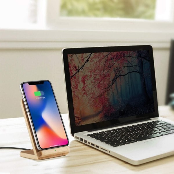Trådlös bambuladdare, Qi-laddningsställ för iPhone 11/XR/XS Max/XS/X/SE 2020, 10W snabbladdning för Samsung Galaxy S20/S10/Note10/S9/S9+/S8+/Note 9